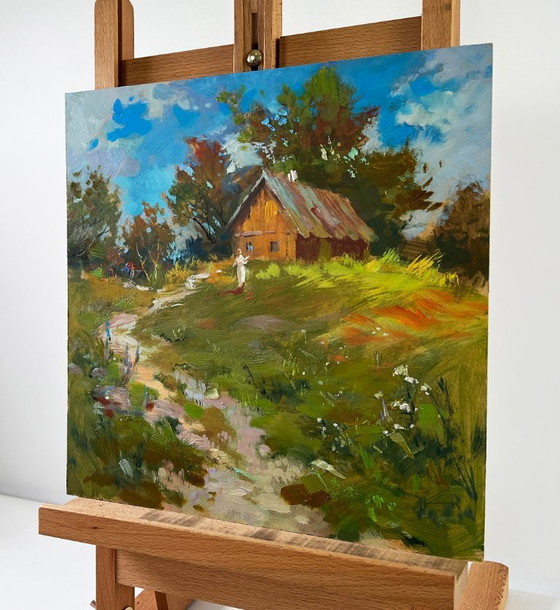 Image 1 of Original Oil Painting Summer Nature Landscape House on the hill