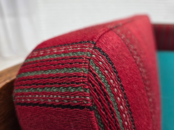 Image 1 of 1950s, Danish 2 seater drop arm sofa, original striped red furniture wool, oak wood.