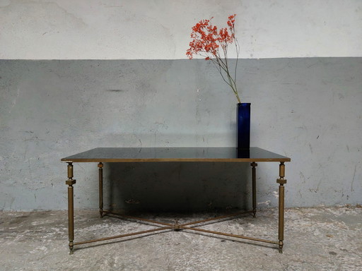 Table basse en laiton avec plateau en miroir bleu Hollywood Regency