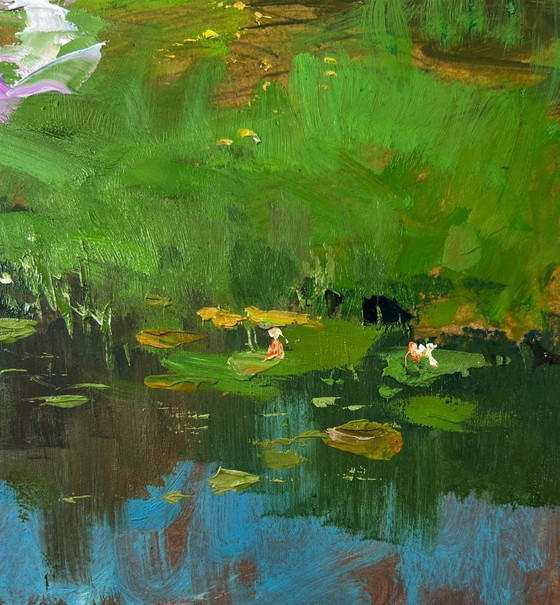Image 1 of Original Oil Painting Summer Village Landscape Quiet Conversations of Girls