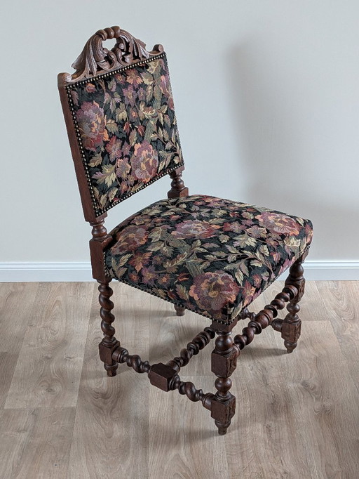 Sedia neorinascimentale belga in stile antico, ca. 1960 – Rovere intagliato e tessuto floreale