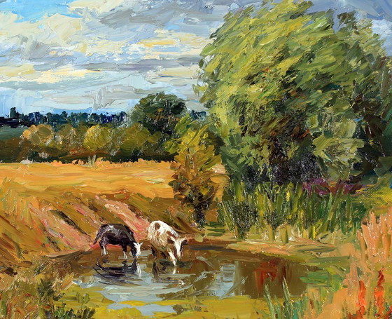 Peinture à l'huile originale Paysage naturel Campagne Pâturage Au point d'eau – Peintures et dessins, Canvas (photo 4 of 8)