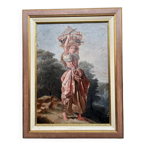 Painting "Girl with a bird". – schilderijen tekeningen, Paper, Canvas
