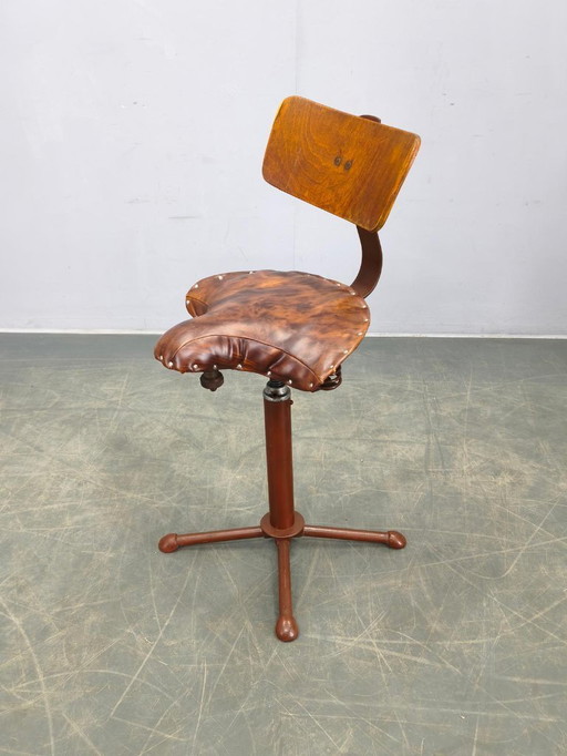 1930s Industrial Adjustable Swivel Chair with Leather Seat