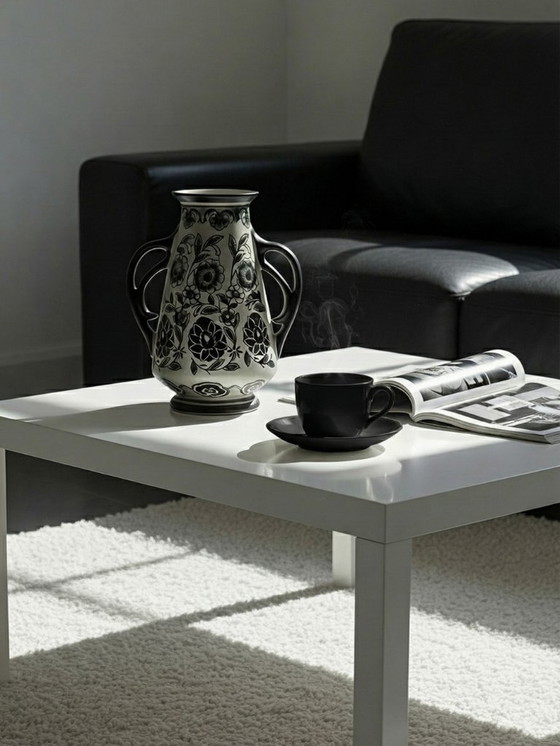 Image 1 of Antique Art Deco vase, 1920-40, in fine stoneware, Art Nouveau style & chinoiserie decoration