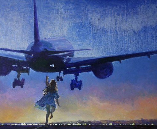 Original Oil Painting Modern Art Symbolism Girl Airplane Flight to the Sky