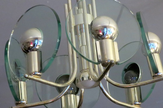 Lampadario placcato in argento con sei dischi di cristallo, Italia, anni '60 – Plafoniere, Metal (photo 4 of 5)