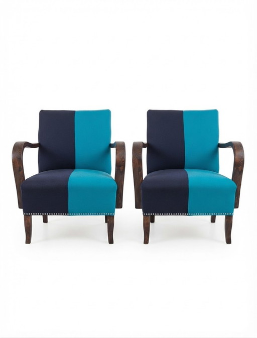 Vintage Hongaarse Rumba Loungestoelen in Tweekleurige Marineblauwe en Turkooizen Stof met Houten Frames, Set van 2