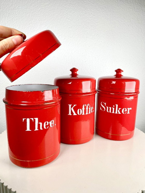 Image 1 of Vintage Red Kitchen Canisters for Tea, Sugar & Coffee  – Dutch Retro Enamel Kitchen Storage Tins – Old European Kitchen Storage 