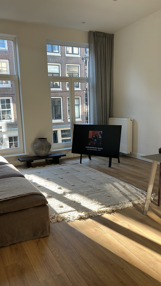 Image 1 of Brown linen sofa & hocker 