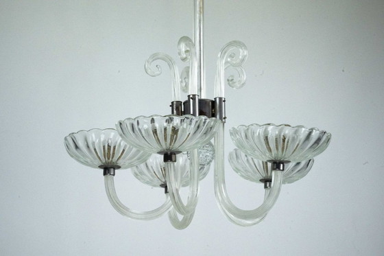 Image 1 of Rare Art Deco Italian Five-Arm Murano Glass Chandelier attributed to Seguso, 1940s