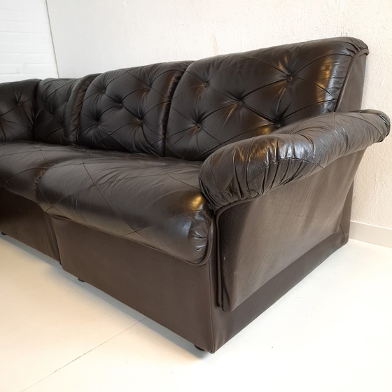 Image 1 of Canapé d'angle modulable vintage 7 pièces en cuir noir/marron