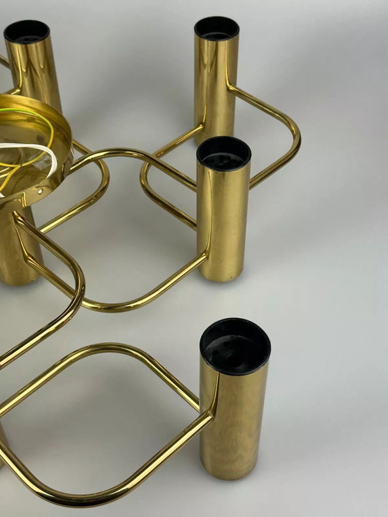 Image 1 of 60s 70s 9-lichts plafondlamp van Leola Leuchten Duitsland in messing