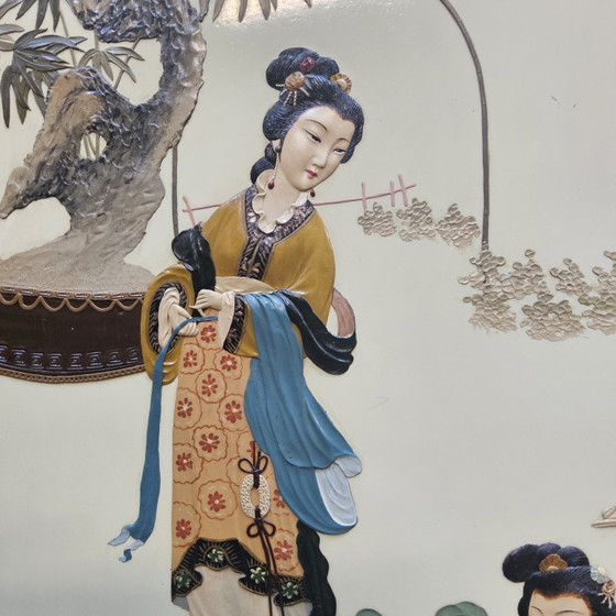 Vintage Chinees Dubbelzijdig Kamerscherm Dames In Landschap / Oosters / Aziatisch / Bohemian Paravent (photo 10 of 15)