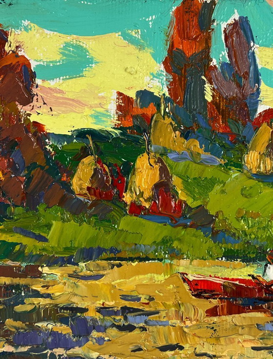 Image 1 of Peinture à l'huile originale représentant un paysage naturel, un bateau et un coucher de soleil se reflétant sur la rivière.