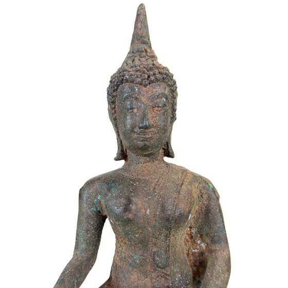Antieke Thaise Bronzen Boeddha op Lotusvoet – Diepe Patina – Originele Kernvulling – Exportlabel (photo 9 of 14)