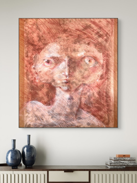 Image 1 of Robert Detheux - Large surrealist portrait on canvas - 80x70cm
