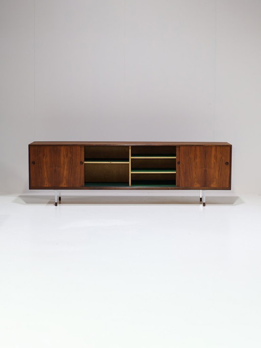 Lang dressoir lowboard palissander chroom vintage Deens