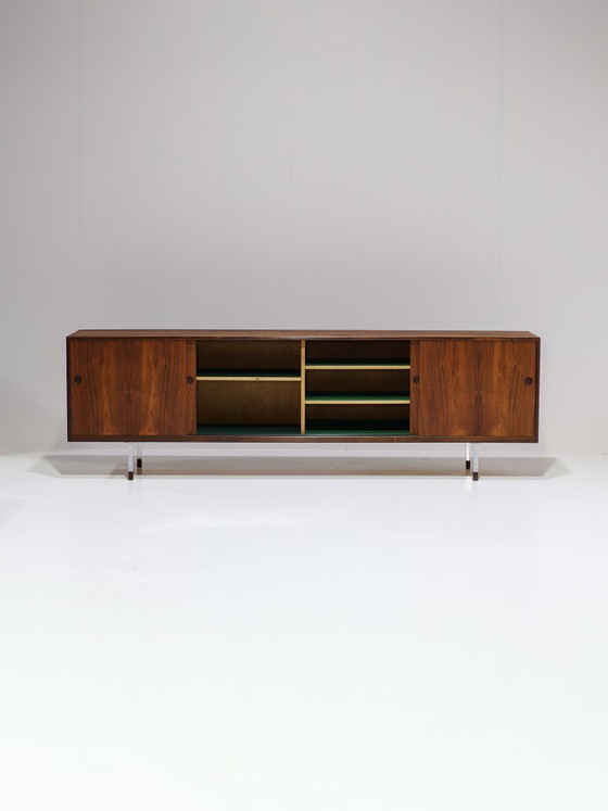 Image 1 of Lang dressoir lowboard palissander chroom vintage Deens