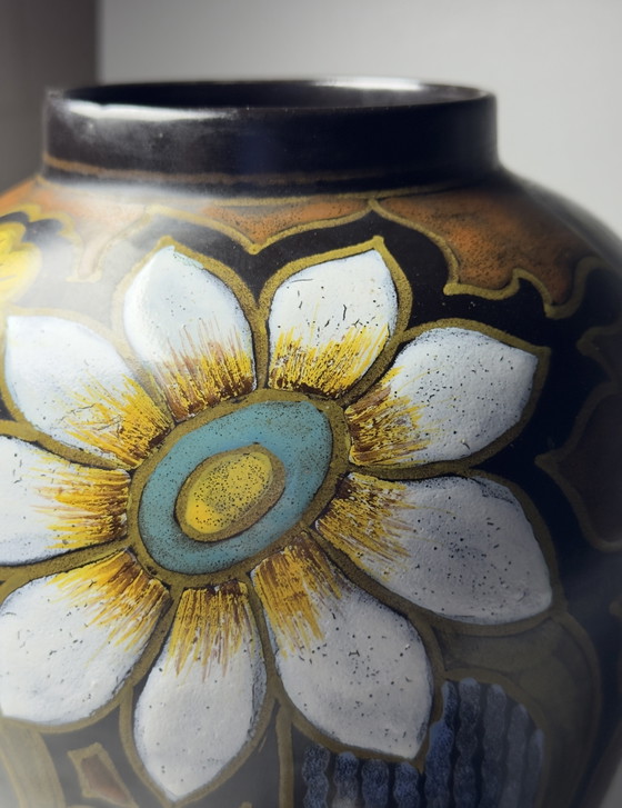 Image 1 of Royal Plateel Zuid-Holland “Lotea” Hand-Painted Lidded Vase
Gouda, The Netherlands, circa 1920s–1930s