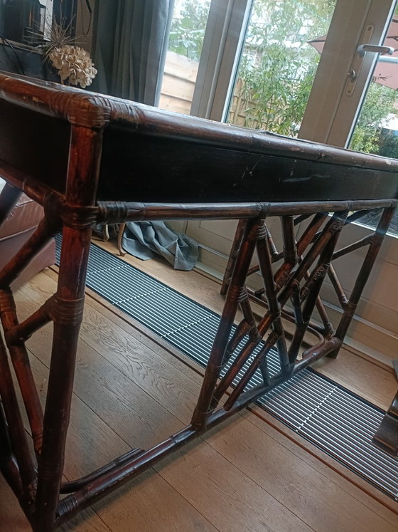 Characterful vintage bamboo-style Desk with three drawers, Brown (photo 8 of 9)