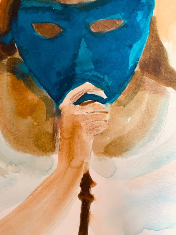 Quadro firmato, ritratto femminile al Carnevale di Venezia « La maschera blu », Dipinti e disegni, Carta (foto 9 di 10)