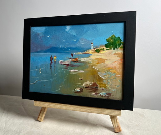 Peinture à l'huile originale, paysage de plage d'été, chaudes journées en mer