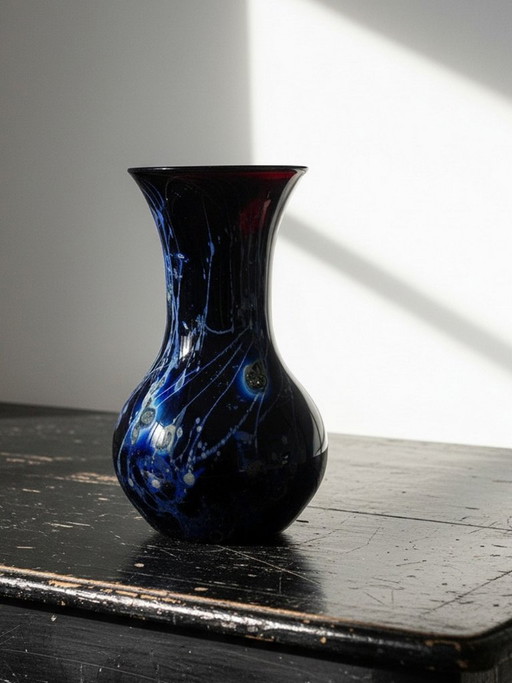 Large vintage purple art glass vase with silver inclusions