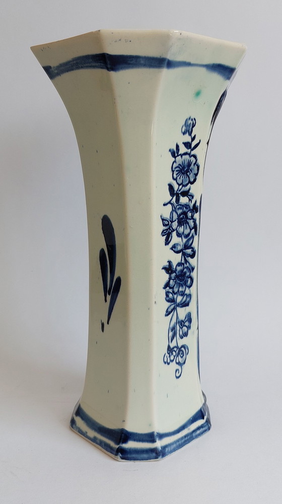 Image 1 of Delft hand painted blue and white pottery octagonal shaped vase 