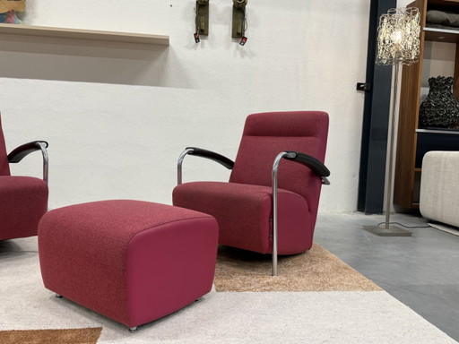 2 Leolux Scylla high armchair with ottoman, pink fabric leather