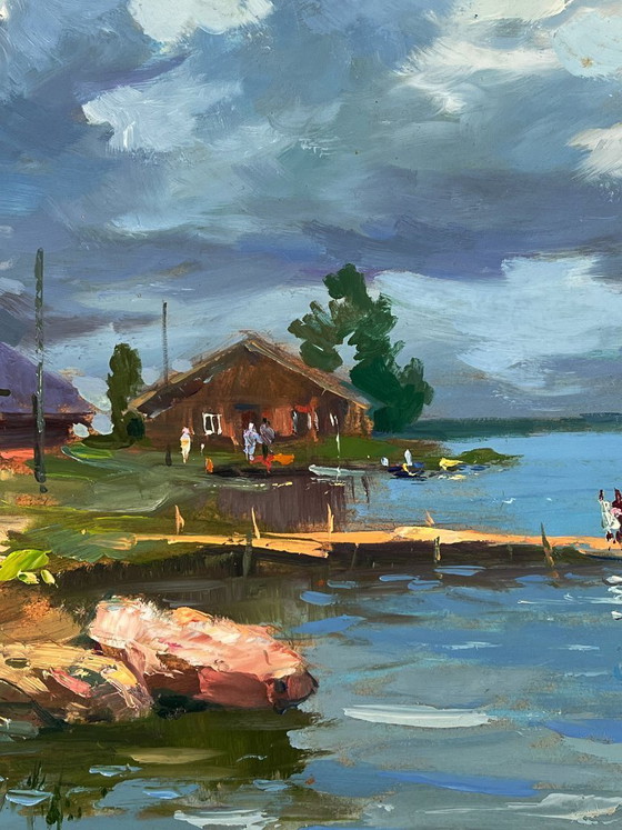 Image 1 of Peinture à l'huile originale : Paysage rural, maisons de village près de la rivière