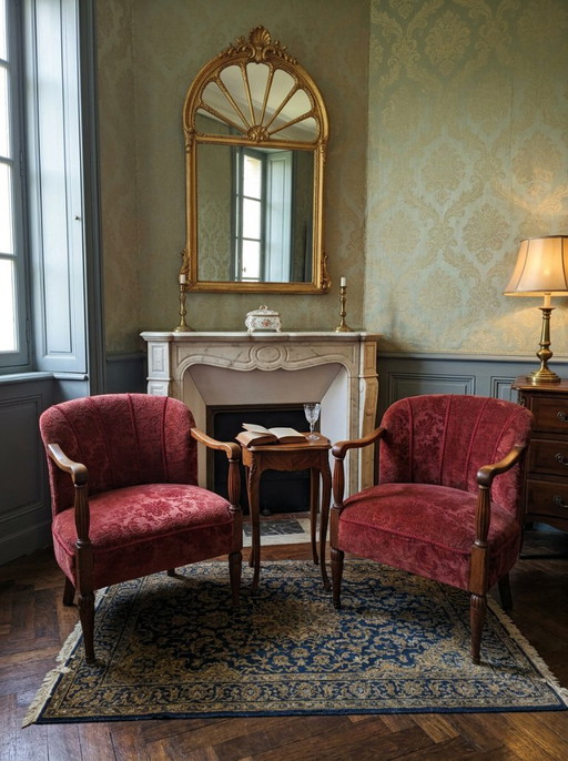 Élégante paire de fauteuils vintage en chêne et velours damassé des années 1960