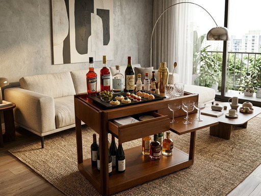 Angelo Mangiarotti for Molteni 4D Series solid wood Bar Cart 1970s