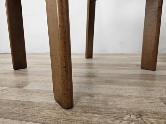 Set of four dining chairs, brown wood with red textile seats, Mid Century Modern (photo 11 of 13)