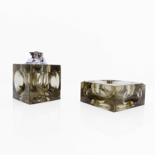 Set cendrier et briquet de table Space Age en verre Murano fumé, Antonio Imperatore, Italie, 1970
