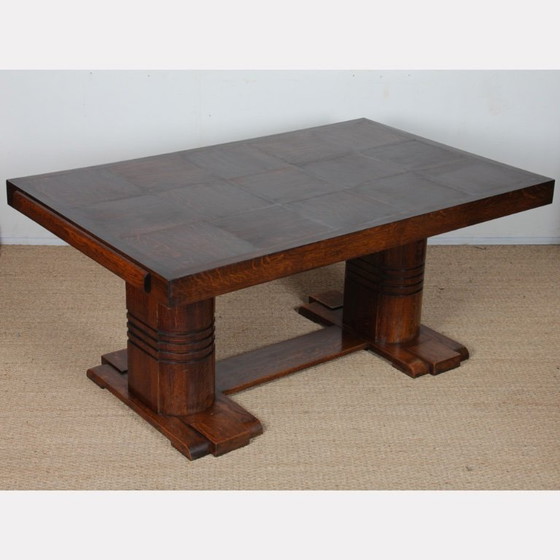Image 1 of Eikenhouten eettafel in de stijl van Charles Dudouyt, 1940.