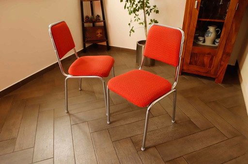 Pair of Retro Chrome Frame Chairs with Red Upholstery 