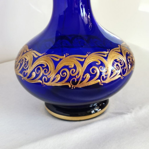 COBALT BLUE BOHEMIAN CRYSTAL VAS AND GOLD PAINTING