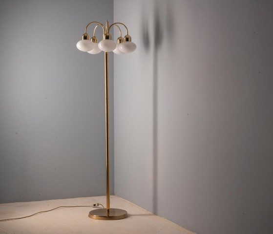 Lampada da terra vintage in ottone con cinque paralumi in vetro opalino, metà del XX secolo, Cecoslovacchia, (photo 4 of 8)