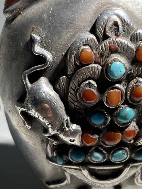 Image 1 of Antique kohl bottle, partially made of silver, inlaid with turquoise and coral