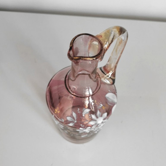 Image 1 of Antieke Franse Art Nouveau likeurset van roze iriserend glas, ca. 1900.