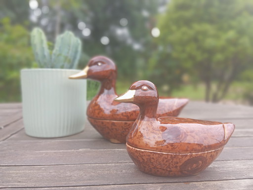 Duo canard boites plats terrine/paté faience par Michel Caugant,.1970