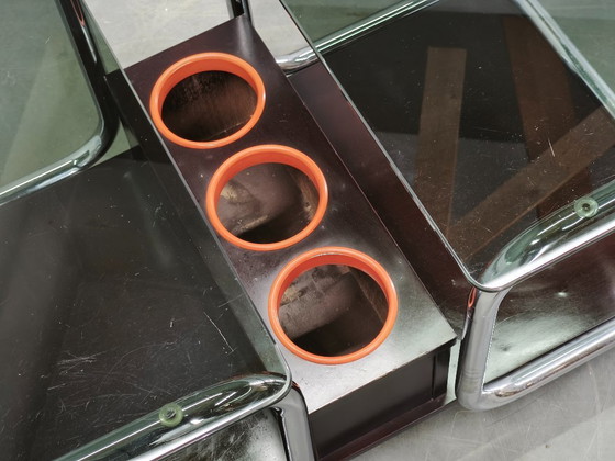 Rare 1970s Space Age Chrome, Smoked Glass and Wood Bar Cart – Metal (photo 8 of 14)