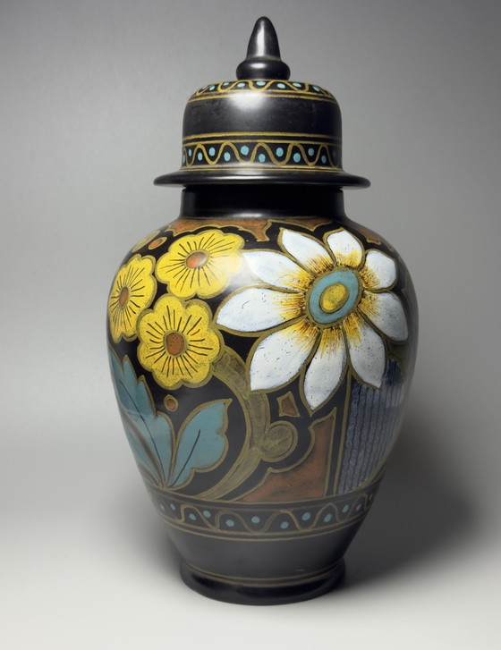 Image 1 of Royal Plateel Zuid-Holland “Lotea” Hand-Painted Lidded Vase
Gouda, The Netherlands, circa 1920s–1930s