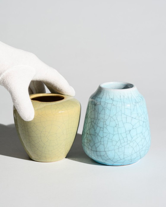 Image 1 of German Art Deco Crackle Glaze Ceramic Vase Duo Fürst Adolf Werkstätten Bückeburg