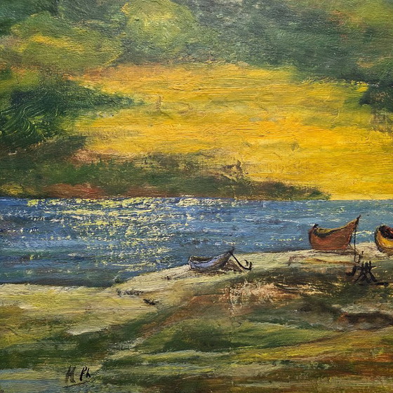 Image 1 of Aziatisch olieverf schilderij op board Hong Kong, jaren 70