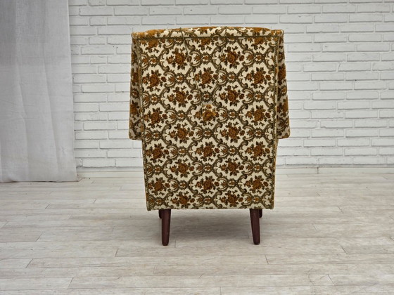 Fauteuil danois à dossier haut des années 1970, tissu d'ameublement marron/beige, bois de teck. – Textile (photo 9 of 13)