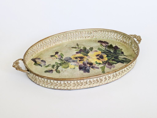 Vassoio ovale in metallo con decorazione decoupage di viole del pensiero viola e gialle – decoratieve objecten, Brass