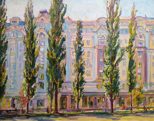 Dipinto a olio originale Paesaggio urbano Edifici Strada Sul viale