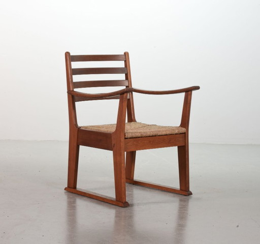 Very Rare Single Bas van Pelt Brutalist Oak Armchair with Woven Rush Seat for My Home. The Netherlands, 1940s.